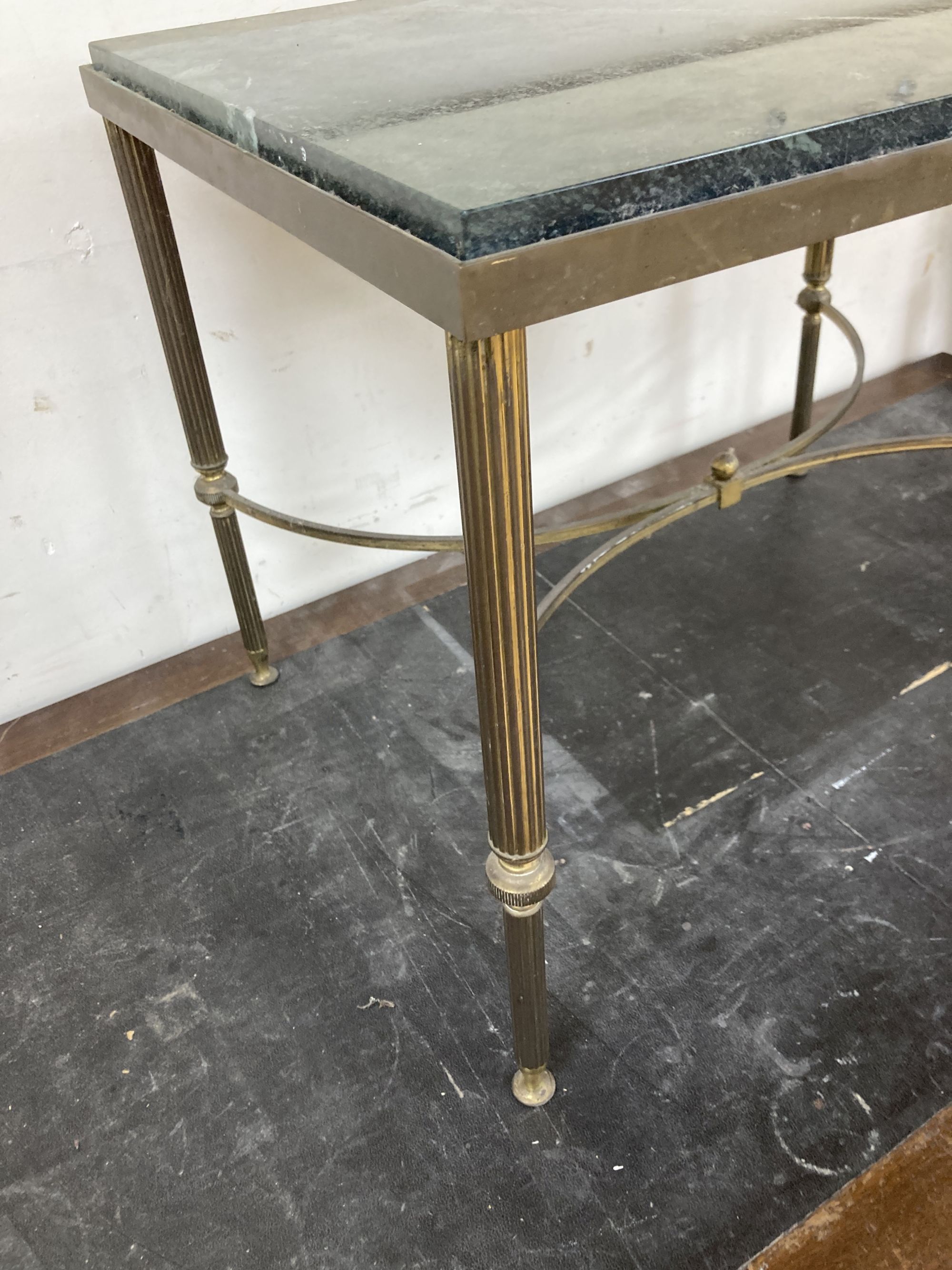 A Maison Janson style rectangular brass and marble top occasional table, width 62cm, depth 47cm, height 48cm